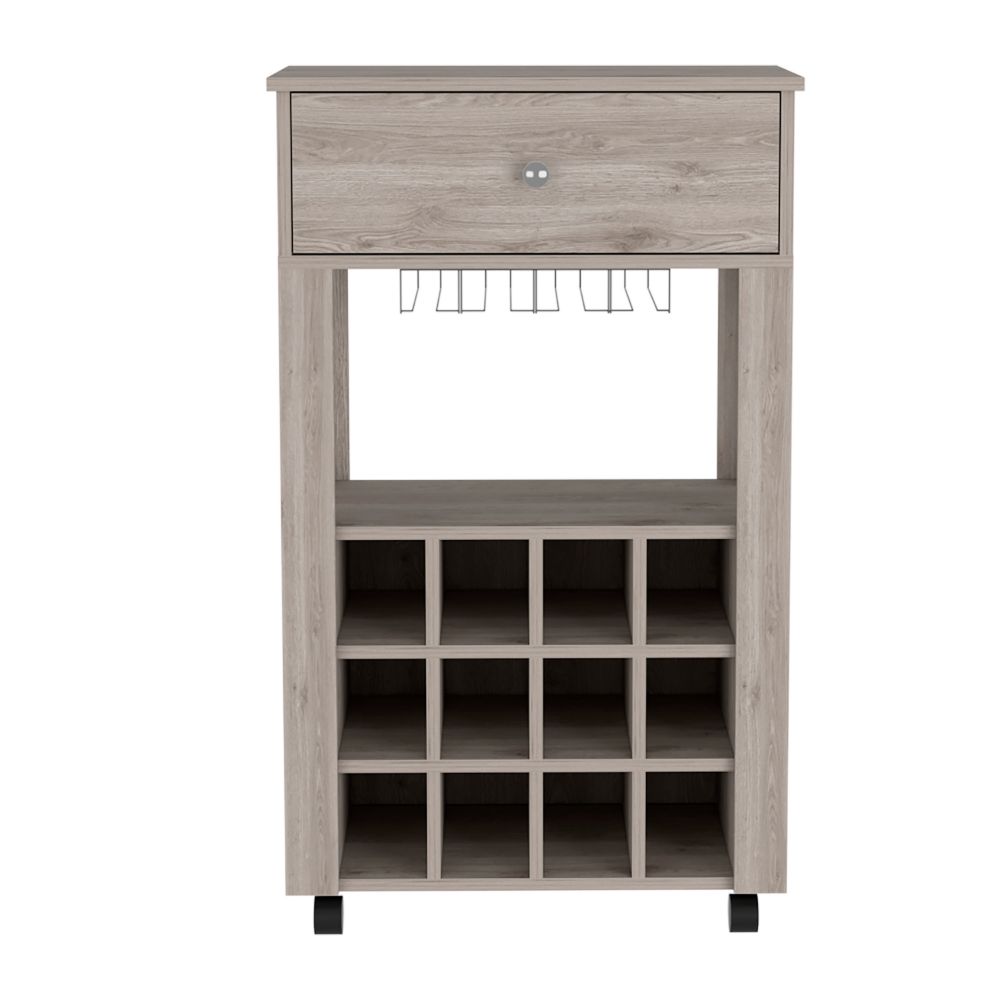 Memphis Bar Cart, Twelve Built-in Wine Rack, Four Legs, One Open Shelf -Light Gray